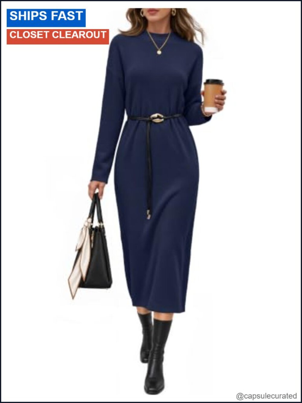 Women's Fall Sweater Dress Long Sleeve Midi Knit Belted